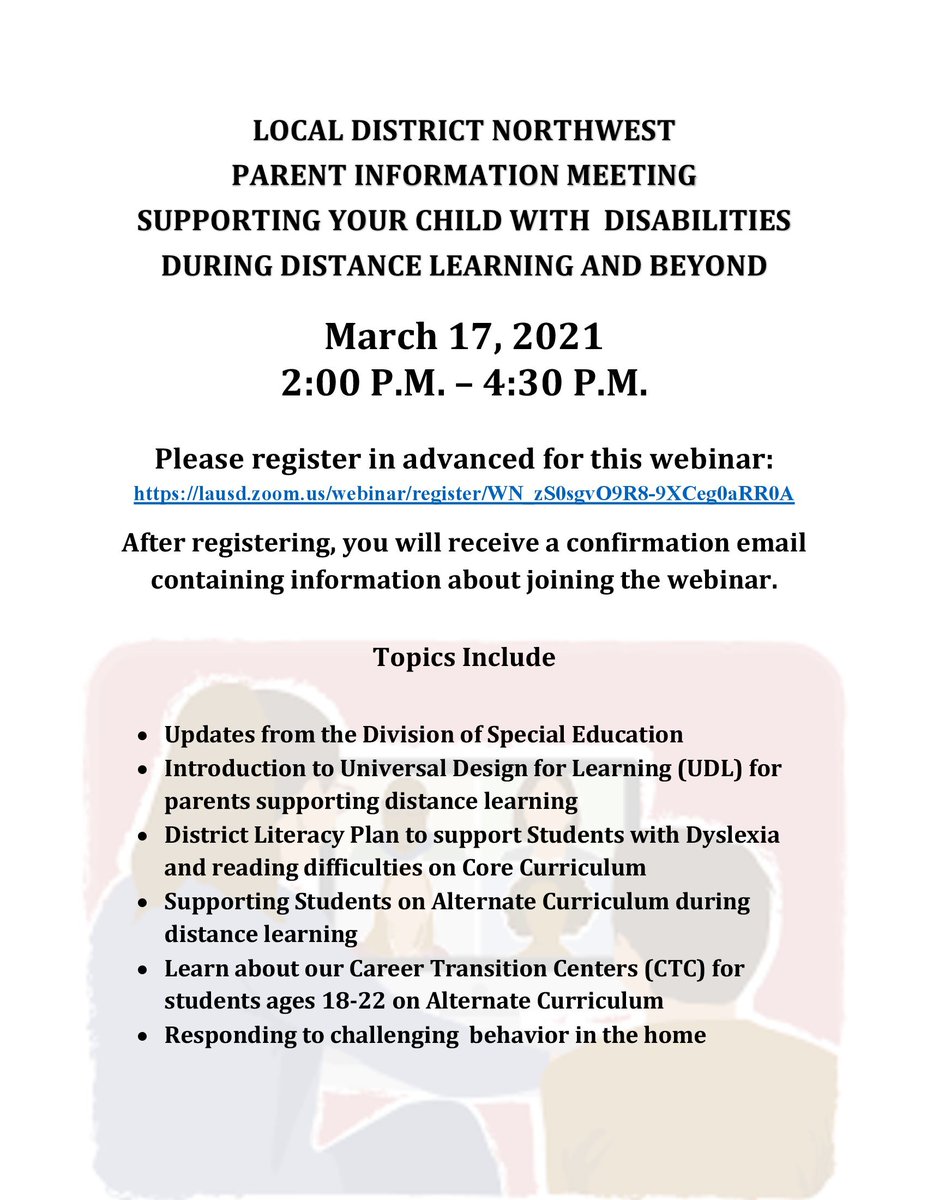 .<a href="/LAUSDNorthwest/">LAUSD Local District Northwest</a> is having an important webinar at 2 p.m. Wednesday, March 17, for parents of students with disabilities. Please see the flyer for information and registration.