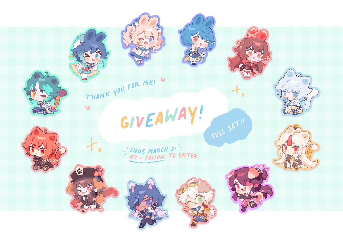 LenacchiArt's tweet photo. 🌻 Giveaway time! 🌻

15k already 😳💗 Thank you so much!!!

✦ RT + Follow to enter
✦ One full charm set!!
✦ Ships worldwide!
✦ Tell me who would you want in the next set!

Good luck!🍀#GenshinImpact #原神 https://t.co/3DCyaEhe17