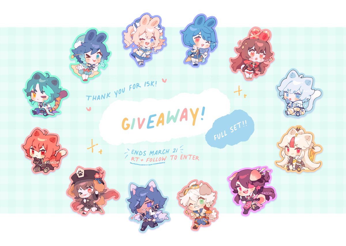 🌻 Giveaway time! 🌻 15k already 😳💗 Thank you so much!!! ✦ RT + Follow to enter ✦ One full charm set!! ✦ Ships worldwide! ✦ Tell me who would you want in the next set! Good luck!🍀#GenshinImpact #原神