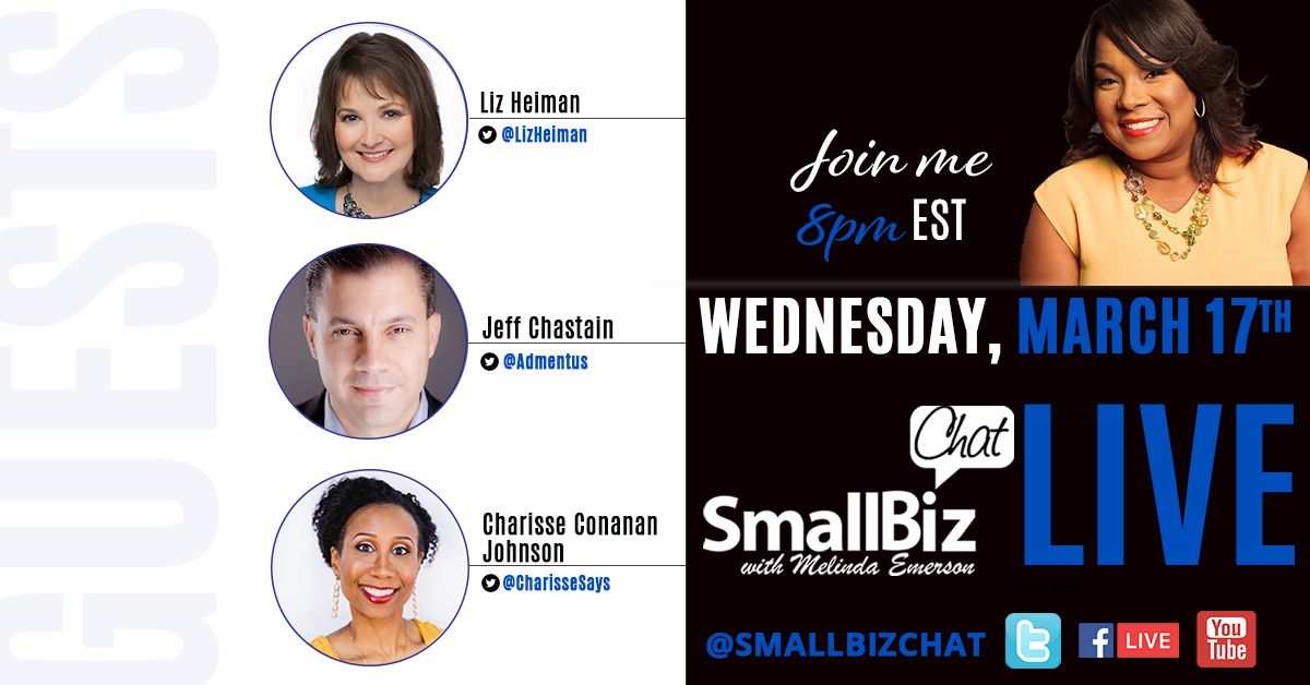 SmallBizLady's tweet image. This month&apos;s #SmallBizChat is going to be a good one! @LizRHeiman, @CharisseSays &amp;amp; Jeff Chastain (CEO of @Admentus) will take us through building a #salessystem &amp;amp; #leadership to scale and becoming a #wealthygirl on the 17th March 8pm ET

#biztips #smallbusiness #smallbizlady