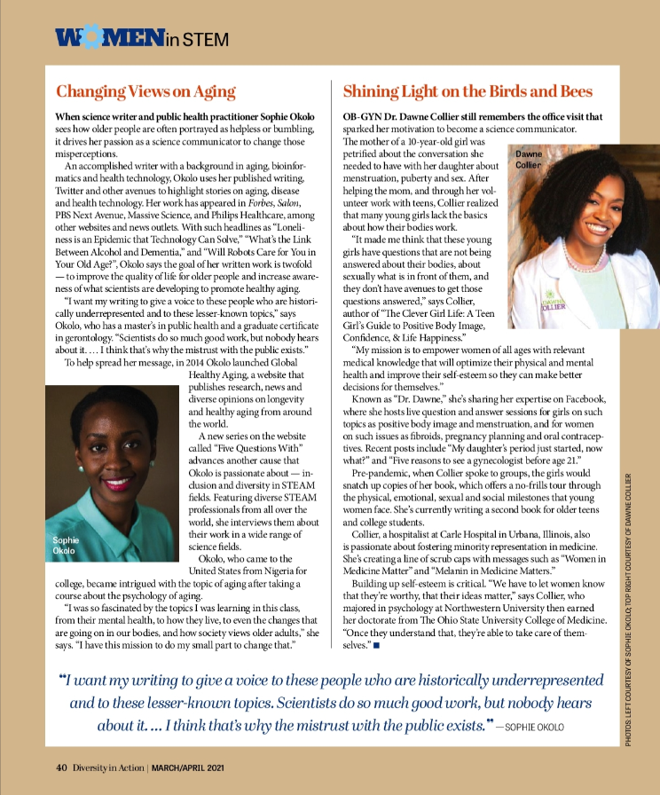 sophieokolo's tweet photo. I am honored to be featured as one of 7 Female Science Communicators in the latest issue of Diversity In Action! Excited to see #aging front and center + my efforts to increase awareness of aging. @ravenscimaven @jessicamalaty @AlexDainis #WomensHistoryMonth #WomenInSTEM #SciComm https://t.co/ufB9WAwcSc