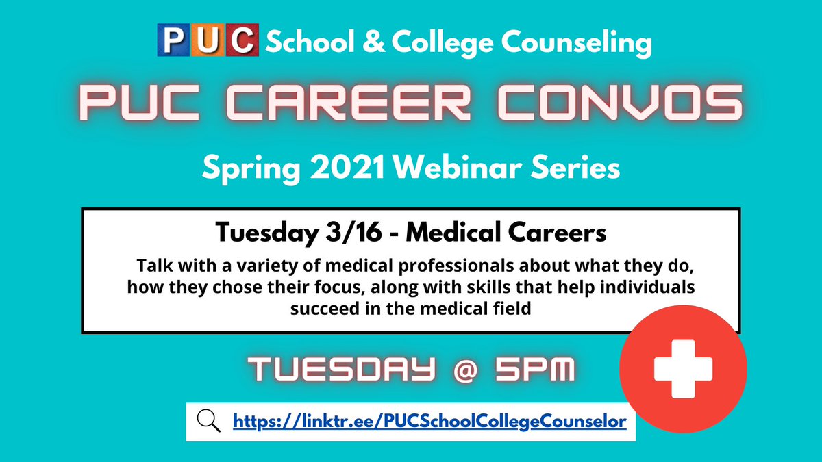 Join us for the upcoming webinar, which will focus on careers in the medical industry!

linktr.ee/PUCSchoolColle…

¡Únase con nosotros para el próximo seminario web, que se centrará en las carreras en la industria médica!