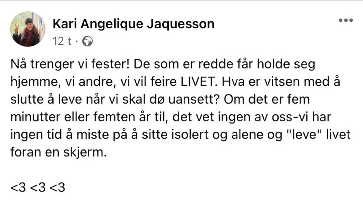 kaveh_rashidi's tweet photo. Hei @KariJaquesson 

Ja, vi hadde hatt godt av en fest nå. Og ja, vi skal uansett dø. Men er det ikke lurt å droppe en fest nå, for å få mange levende år med festing?

Over 2,5 mill mennesker har dødd av Covid19, la oss ikke bli del av statistikken. Vi er nære målstreken nå! https://t.co/Mq6ztuAtZQ