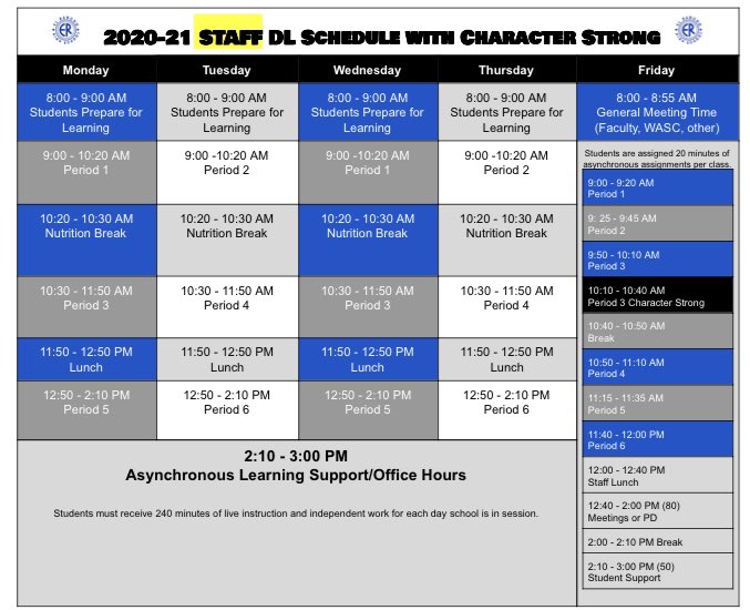 Schedule starting next week. Only adjustment is to Fridays to accommodate our #CharacterStrong program.