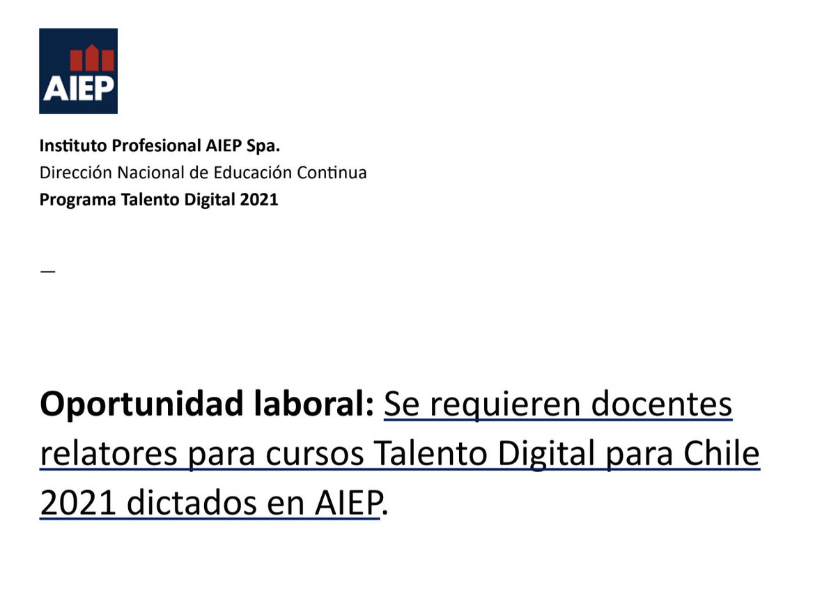 Estimada comunidad desde AIEP nos ayudarlos en la busqueda de relatores para sus cursos del programa Talento Digital para Chile.

=====
Link
drive.google.com/file/d/1ME9an9…