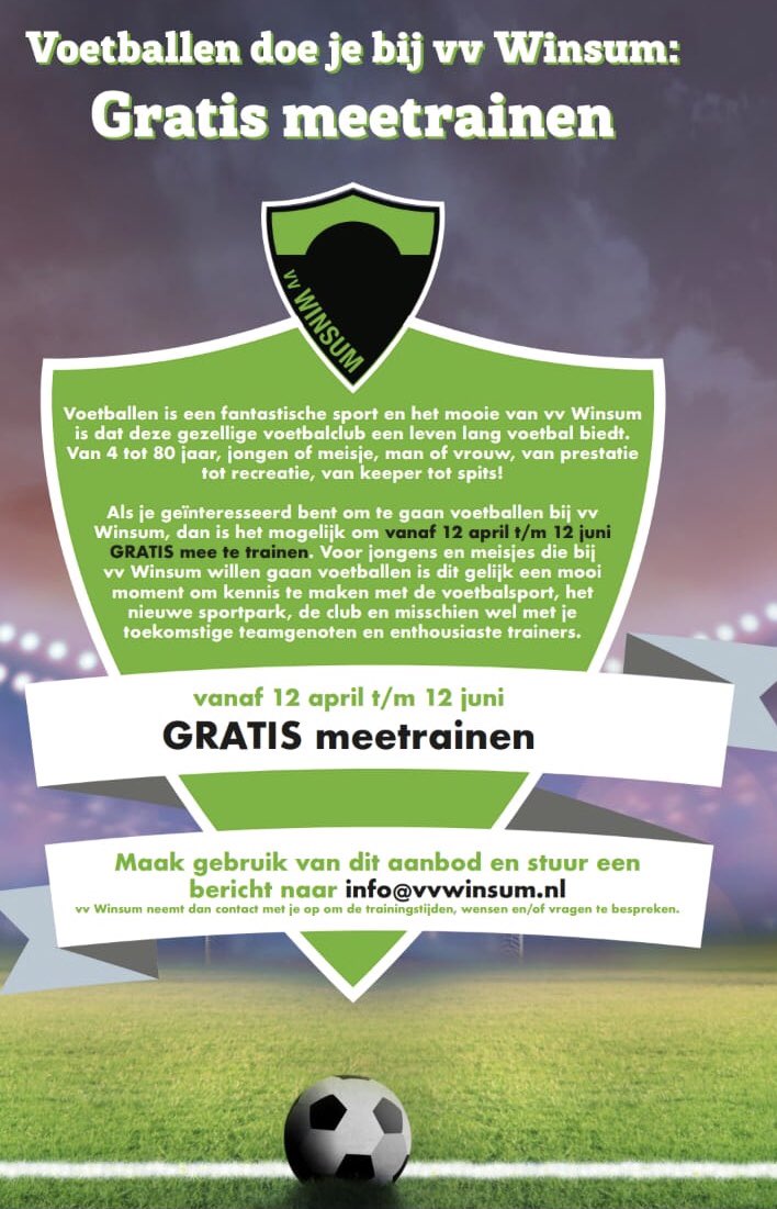 De ultieme kans om te kijken hoe goed voetbal bij jou past! Geef je op via info<a href="/vvwinsum/">vv Winsum</a>.nl ⚽️ @vvwinsum
