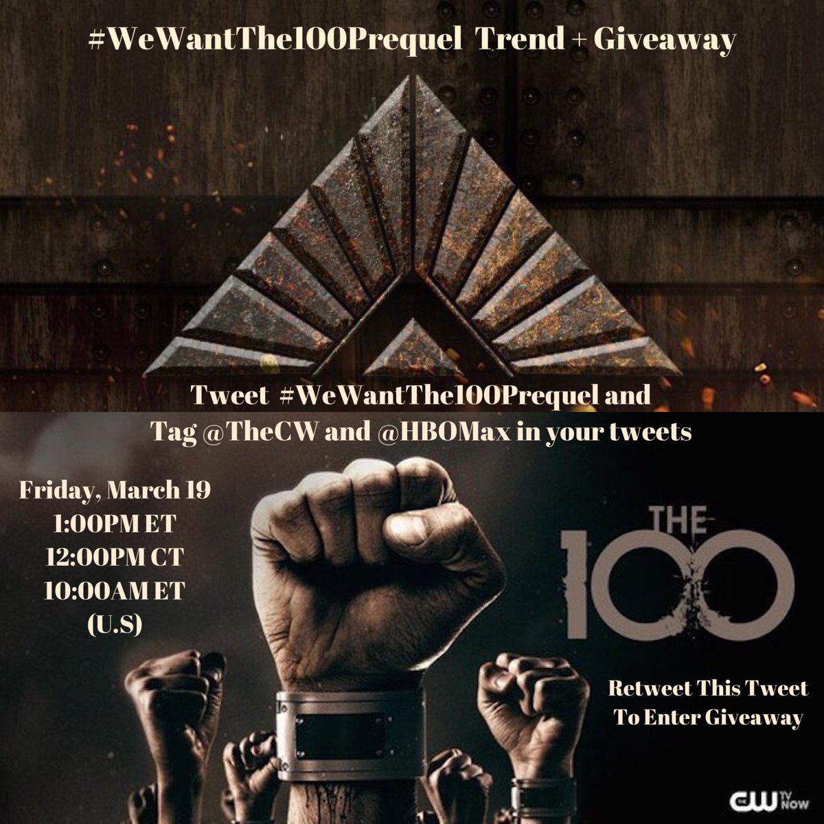 TheCWThe100's tweet image. Dear #The100 fans, in one big effort to show @TheCW &amp;amp; @hbomax that #WeWantThe100Prequel I am announcing a trend and giveaway scheduled for Friday, March 19 on #The100’s 7 year anniversary. To enter just Retweet this tweet to share our trend and Join the Second Dawn. Details ⬇️