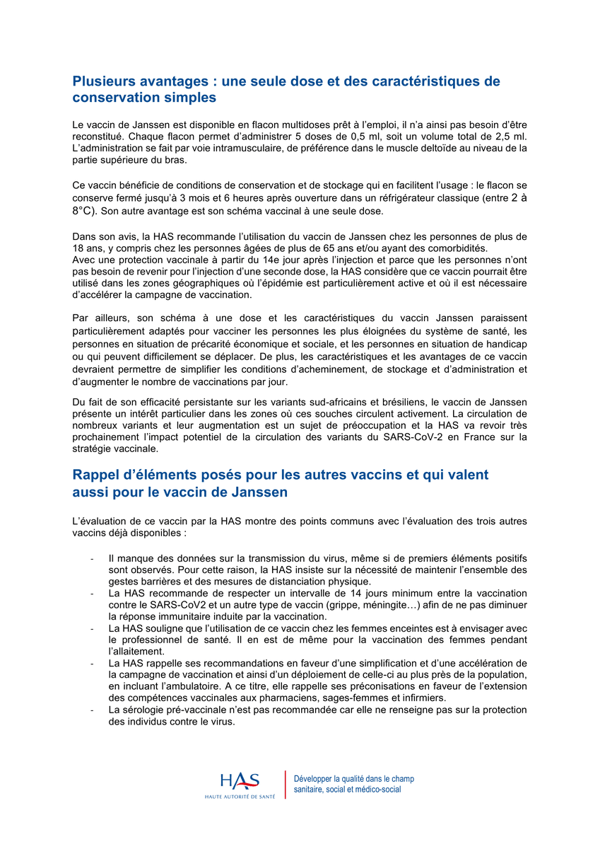 #Communiqué | #COVID19 – La HAS inclut le vaccin de Janssen #JohnsonAndJohnson dans la stratégie vaccinale

Recommandé chez les plus de 18 ans y compris chez les plus de 65 ans et/ou ayant des comorbidités
👉has-sante.fr/jcms/p_3242869…

L’avis 👉has-sante.fr/jcms/p_3242795…