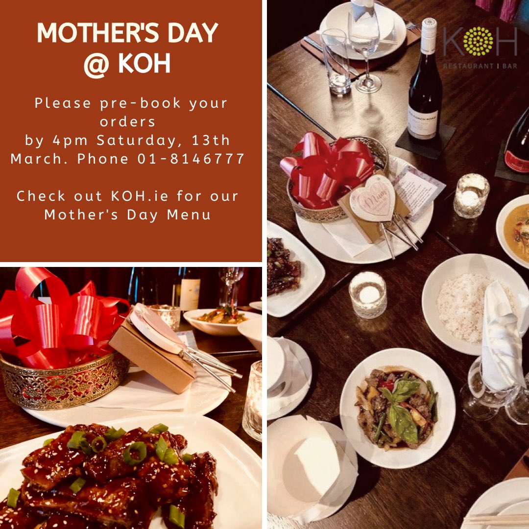 Mother’s Day @ KOH 💁‍♀️ 

Please pre-book your orders 
by 4pm Saturday, 13th March. Call us on 01-8146777 to make an order. 📞

We are extending our delivery service for Mother’s Day only from 5km to 15km. 🚚

koh.ie/koh-to-go-land…

#KOH #DublinFoodie #Restaurant #MothersDay