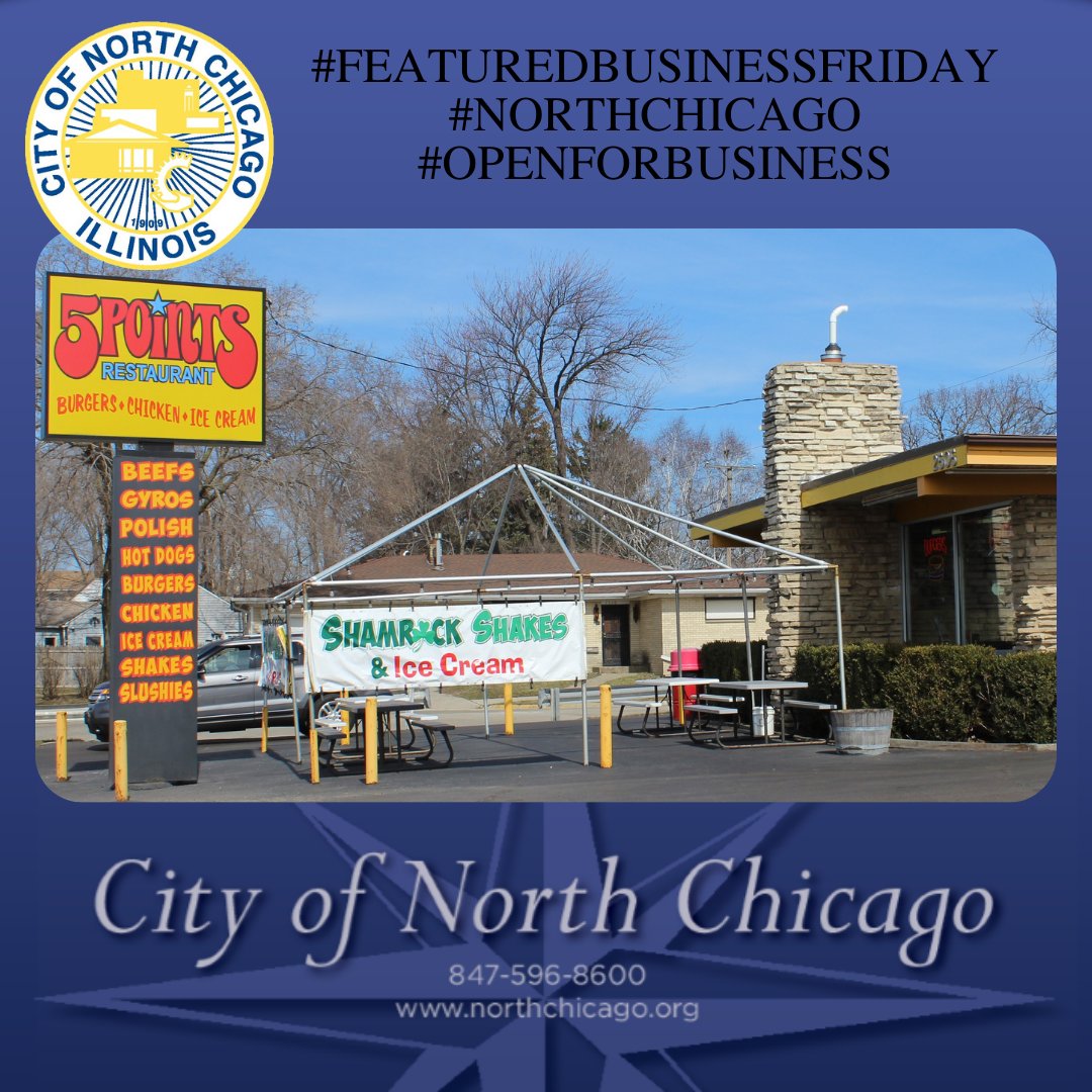 NorthChi60064's tweet photo. It's #featuredbusinessfriday!
5 Points Restaurant - located at 2505 Green Bay Road, North Chicago.
Who is in the mood for a shamrock shake? 5 Points has been part of the North Chicago community for over 40 years! #northchicago #openforbusiness #burgers #milkshake #fries #NSGL https://t.co/z0hZMP41NZ