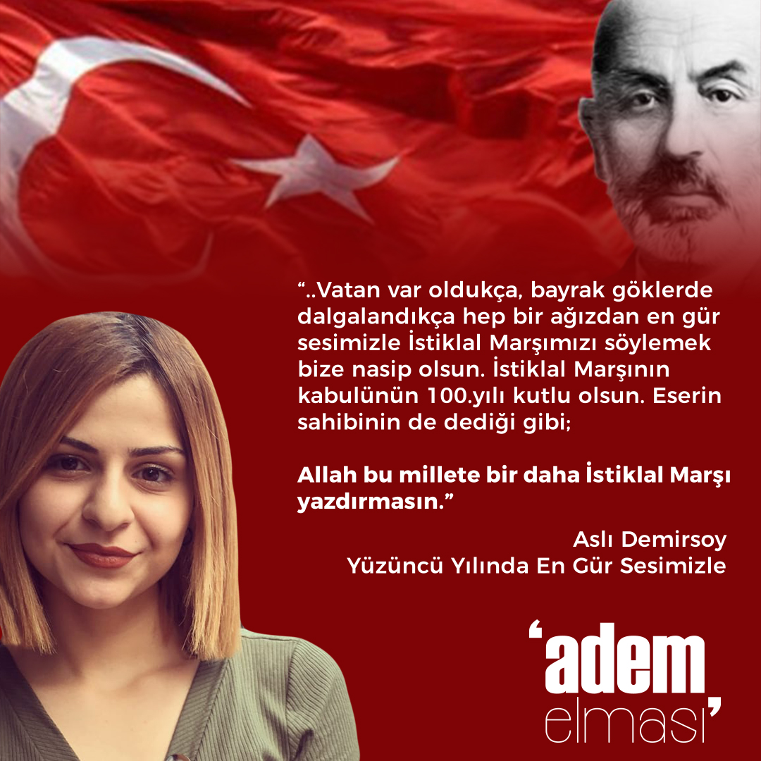 100. yılda İstiklal Marşımızın kabulünü kutluyoruz.

Aslı Demirsoy kaleme aldı:

"Yüzüncü Yılında En Gür Sesimizle: 12 Mart İstiklal Marşının Kabulü"

ademelmasi.com/mehmet-akif-er…