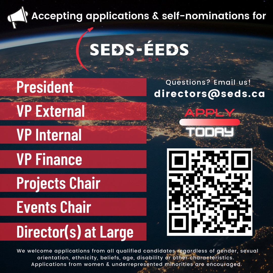 sedscanada's tweet photo. 🎙️ ANNOUNCEMENT: Calling all students &amp; #CdnSpace 🇨🇦 enthusiasts

Do you want to make a difference while sharing your passion for #space? 🚀 #SEDSCanada is now accepting applications for the 2021-2022 Board of Directors!

Apply here👇 Please share widely! 
https://t.co/aXIr79z1LA https://t.co/UOALg4HhZp