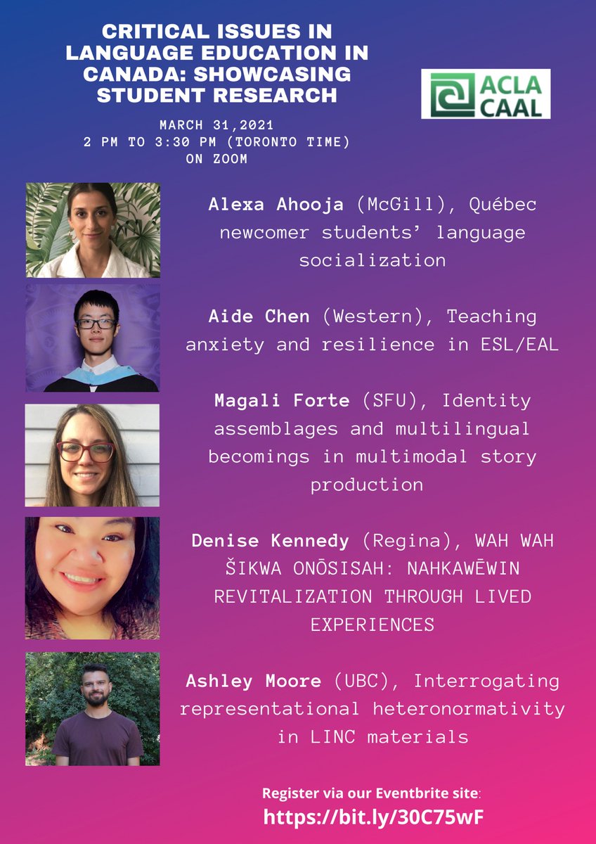 ACLA_CAAL's tweet image. ACLA is hosting its first online student symposium, Critical Issues in Language Education in Canada, March 31st. 5 emerging scholars will present their research in applied linguistics! For more info and to register: bit.ly/30C75wF @magalibellule1 @AshleyRMoore3