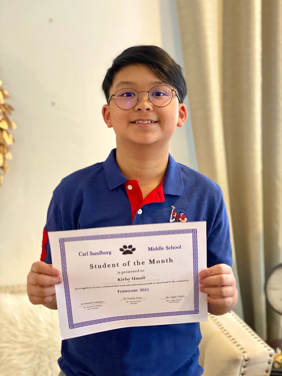 Congratulations to 6-1 student Kirby Umali, our February Student of the Month.  Keep up the great work Kirby, we are extremely proud of you!  #SandburgStrong