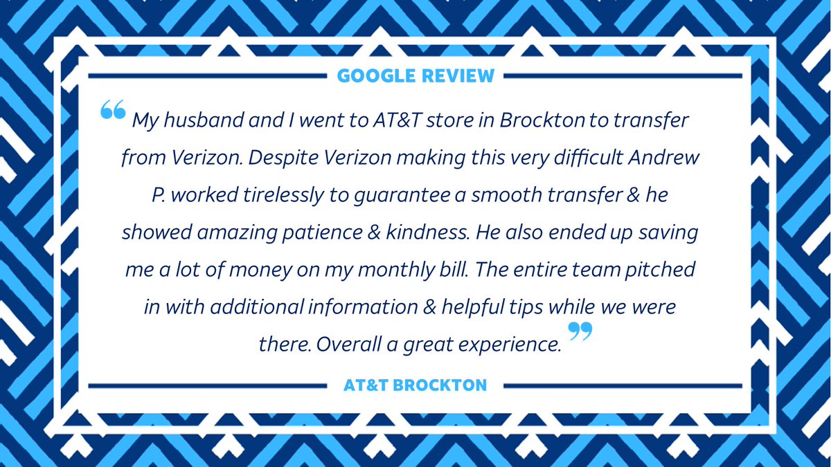 Happy #5StarFriday New England! 🤩🌟 Today's review comes from the Portables location in Brockton where Andrew worked tirelessly to provide these customers with a great experience. Andrew helped them switch to <a href="/ATT/">AT&T</a> smoothly while being kind &amp; patient. 📱💙 Nice job Andrew! #OurNE