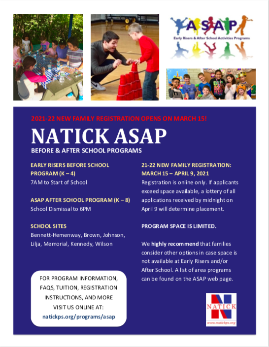 NatickASAP's tweet photo. 21-22 ASAP Before and After School Program New Family Registration begins MONDAY!

For program information or to register, go to our web site at https://t.co/yVVSPoPe2w

@natickps https://t.co/MUXhqSkneY