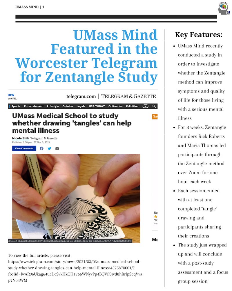 UMassMind's tweet photo. Recently, the Worcester Telegram published an article featuring our program’s collaboration with @Zentangle for an 8-week study. To view the full article, go to https://t.co/36npmXlCJK. #zentangle #art #research #community #support #mentalhealth https://t.co/uYxZctmhRo