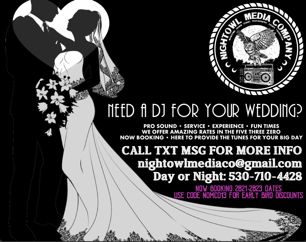 (Based out of Redding California and serving from the OR/CA border to the Bay Area) Need an experienced DJ for your wedding, party or event? Offering affordable rates and professional service. Contact us today for a free quote on DJ services 530-710-4428 nightowlmediaco@gmail.com