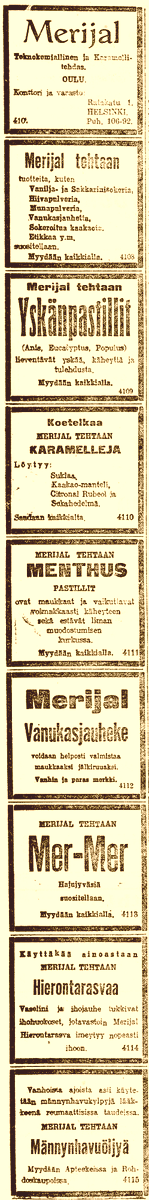 jouko_kokkonen's tweet photo. Merijal, Oulu. Uusi Suomi 13.3.1921 #Suomi1921 #Oulu #Merijal #pastilli #yskänpastilli #karamelli #makeinen https://t.co/AFlhKWRC8q