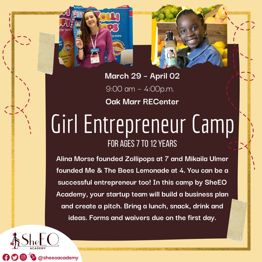 #FairfaxVA parents send your #girlboss or #agirlincharge to 👧👨‍👩‍👧 SheEO Academy Girl Entrepreneur #springbreak camp with <a href="/fairfaxparks/">Fairfax County Parks</a> . Have fun with #startup role-play incl stories about #rolemodels <a href="/MikailasBees/">Me & the Bees Lemonade | Mikaila Ulmer</a> <a href="/zollicandy/">Zolli Candy Company</a>. Empower girls this #womenshistorymonth to #beaSheEO.