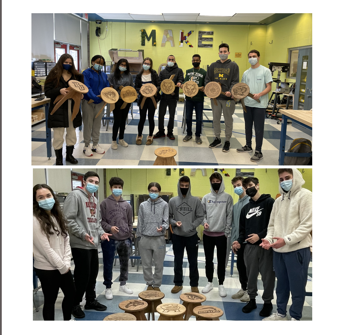OfficialHHHCSD's tweet photo. Students in Mrs. Merejo's College Spanish 12 class used the Makerspace to create stools. Students laser engraved the seats with images that represent their future plans and then discussed what their plans were in Spanish - "En el futuro..." #FLWeek #NFLW21 #HHHCSD https://t.co/uq7EDEhj7w