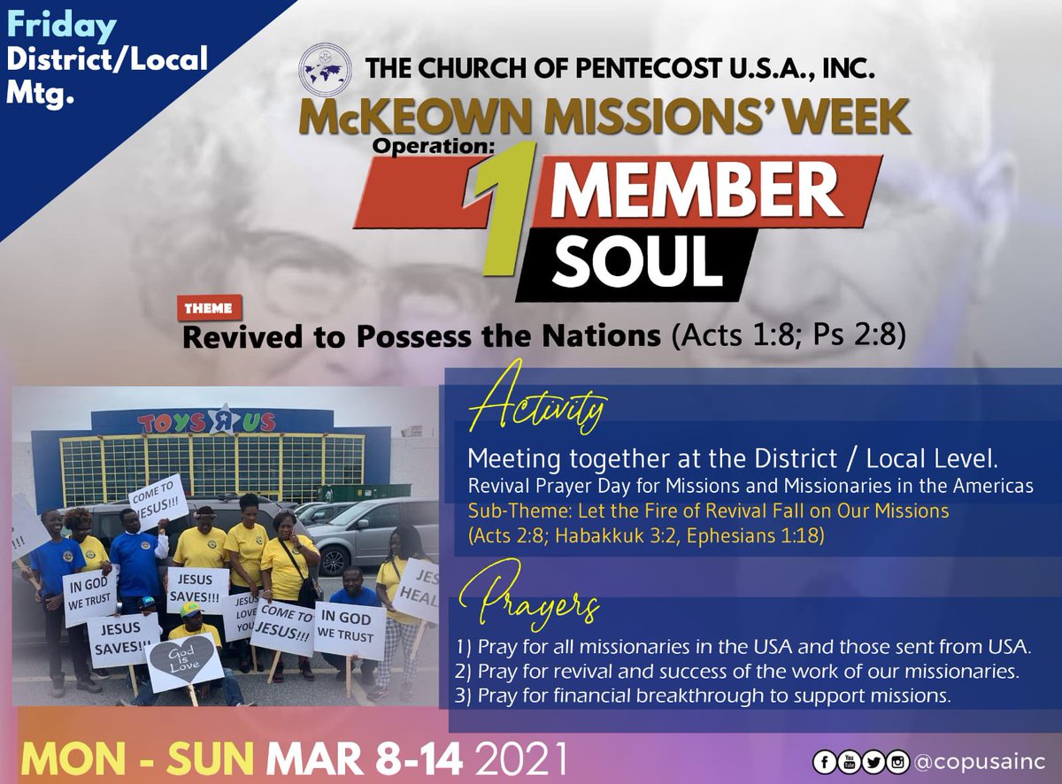 copusainc's tweet photo. It is McKeown Missions’ Week 🌎✝️ Here are the activities and prayers for Friday 
.
Operation: 1 Member, 1 Soul! We are Possessing the Nations - Are you on board?
. 
.
#PossessingTheNations #AGloriousChurch #Revival #RevivedToPossessTheNations #COPUSA #McKeownsMissionsWeek https://t.co/7pfqBuifLj