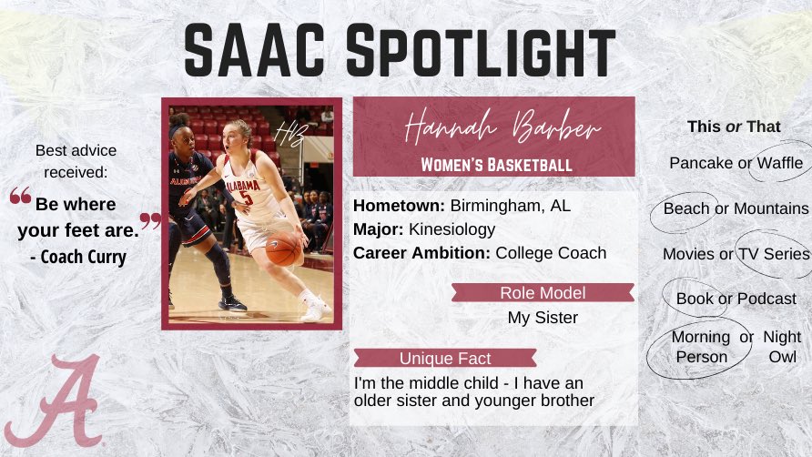 Checking in with <a href="/hdebarber/">Hannah Barber</a> for this week’s #SAACspotlight! Wise advice shared from one successful coach to a [future] successful coach! 🅰️🏀 <a href="/CoachCurry/">Coach Kristy Curry</a> <a href="/AlabamaWBB/">Alabama Women’s Basketball</a>

#GritandGratitude | #SAACspotlight