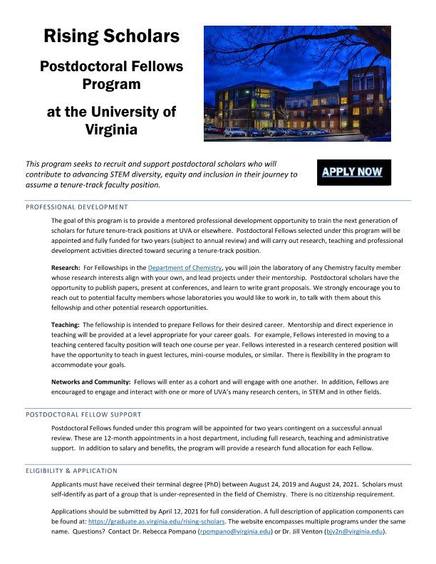 Please RT. We are delighted to announce a new program of @UVA_College to support postdoctoral scholars from underrepresented backgrounds.  Come join us @ChemistryUVA!  

at.virginia.edu/3tf1BUF

#BlackinChem #LatinXinChem #NativeinSTEM #LBGTQinchem #FirstGen 
1/3