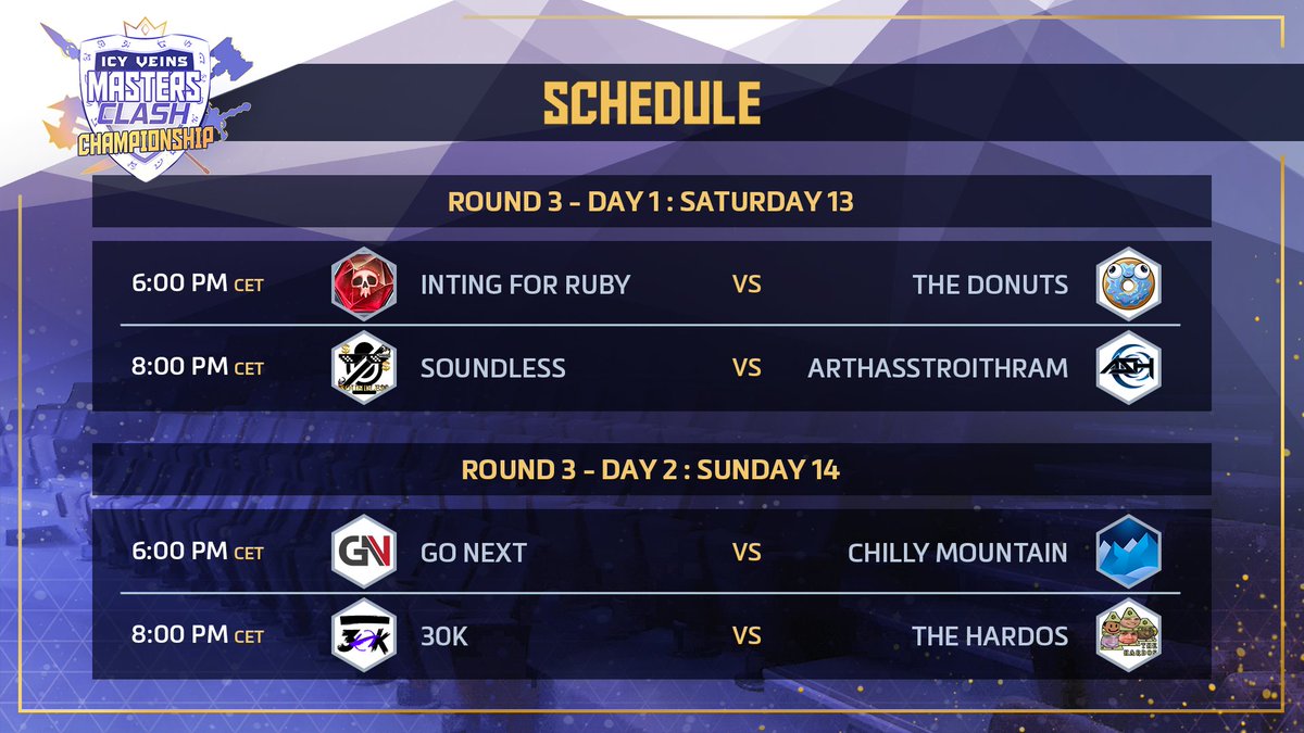 ⚡️Icy Veins Masters Clash Championship - Round 3⚡️
#IVMCC
⚔️Schedule⚔️
🕕6:00pm CET
⏩Infos urlz.fr/f0U3

🔥Saturday ou Sunday🔥
▶️Inting for Ruby🆚The donuts
▶️SoundLess🆚ArthasStroitHram
 
🔴On Live

📺🇫🇷🇬🇧🇷🇺🇪🇸🇩🇪🇵🇱🇧🇷📺