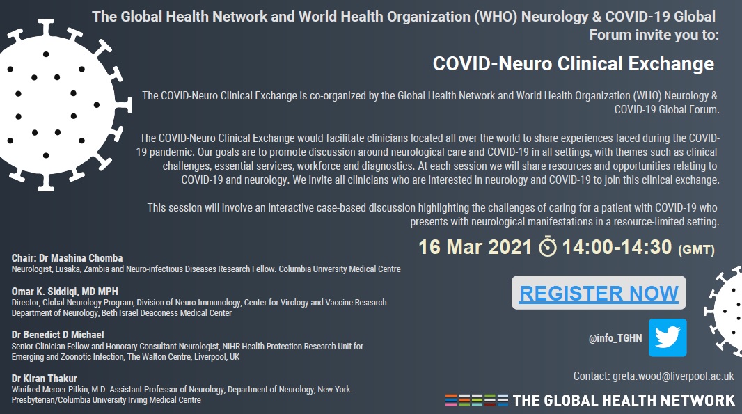 Please join the NeuroCOVID clinical exchange platform on March 16th as we discuss challenges of managing neurological manifestations in COVID-19 patients. Register at: zoom.us/webinar/regist… See you there!!