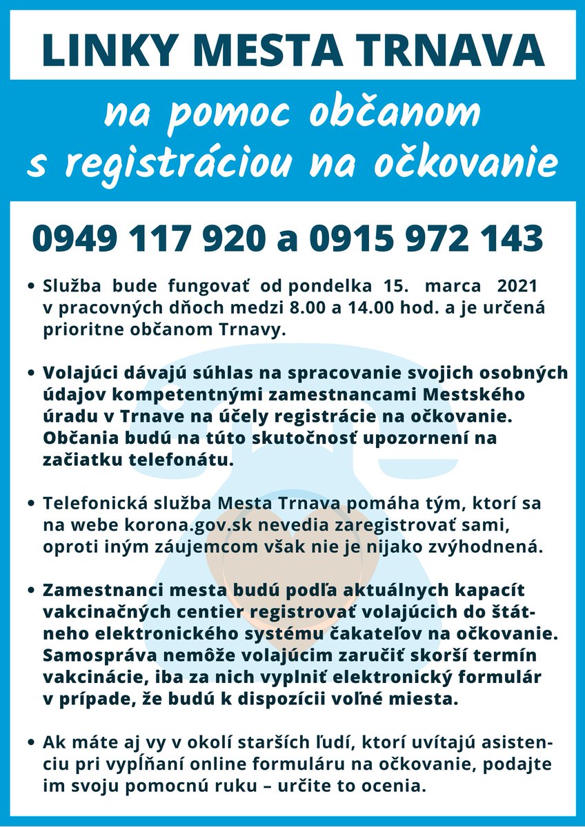 Mesto chce občanom pomôcť s registráciou na očkovanie, zriaďuje linky pre tých, ktorí nemajú prístup na internet. Fungovať budú od pondelka -> bit.ly/3bHdfSl | #trnava #koronavirus #ockovanie