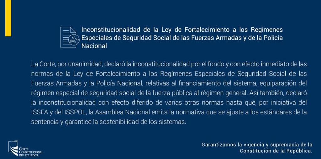 Policía Ecuador (@policiaecuador) on Twitter photo IMPORTANTE
La <a href="/CorteConstEcu/">Corte Constitucional</a> por unanimidad ha declarado la inconstitucionalidad de la Ley de Fortalecimiento a los Regímenes Especiales de Seguridad Social de las <a href="/FFAAECUADOR/">Fuerzas Armadas del Ecuador</a> y <a href="/PoliciaEcuador/">Policía Ecuador</a>.
Un reconocimiento justo a la labor policial 👏🏻 IMPORTANTE
La <a href="/CorteConstEcu/">Corte Constitucional</a> por unanimidad ha declarado la inconstitucionalidad de la Ley de Fortalecimiento a los Regímenes Especiales de Seguridad Social de las <a href="/FFAAECUADOR/">Fuerzas Armadas del Ecuador</a> y <a href="/PoliciaEcuador/">Policía Ecuador</a>.
Un reconocimiento justo a la labor policial 👏🏻