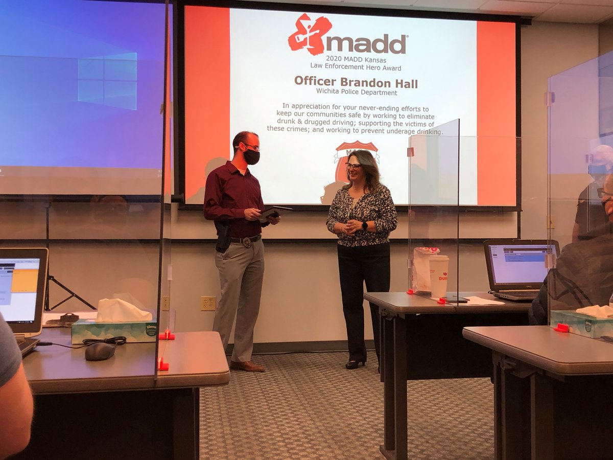 WichitaPolice's tweet photo. Yesterday, Officer Brandon Hall was awarded the Law Enforcement Hero Award from MADD for his continual and dedicated efforts in eliminating drug and drugged driving, supporting the victims of these crimes, and working to prevent underage dirking. #wpdcares https://t.co/FRxJ3I2m4z