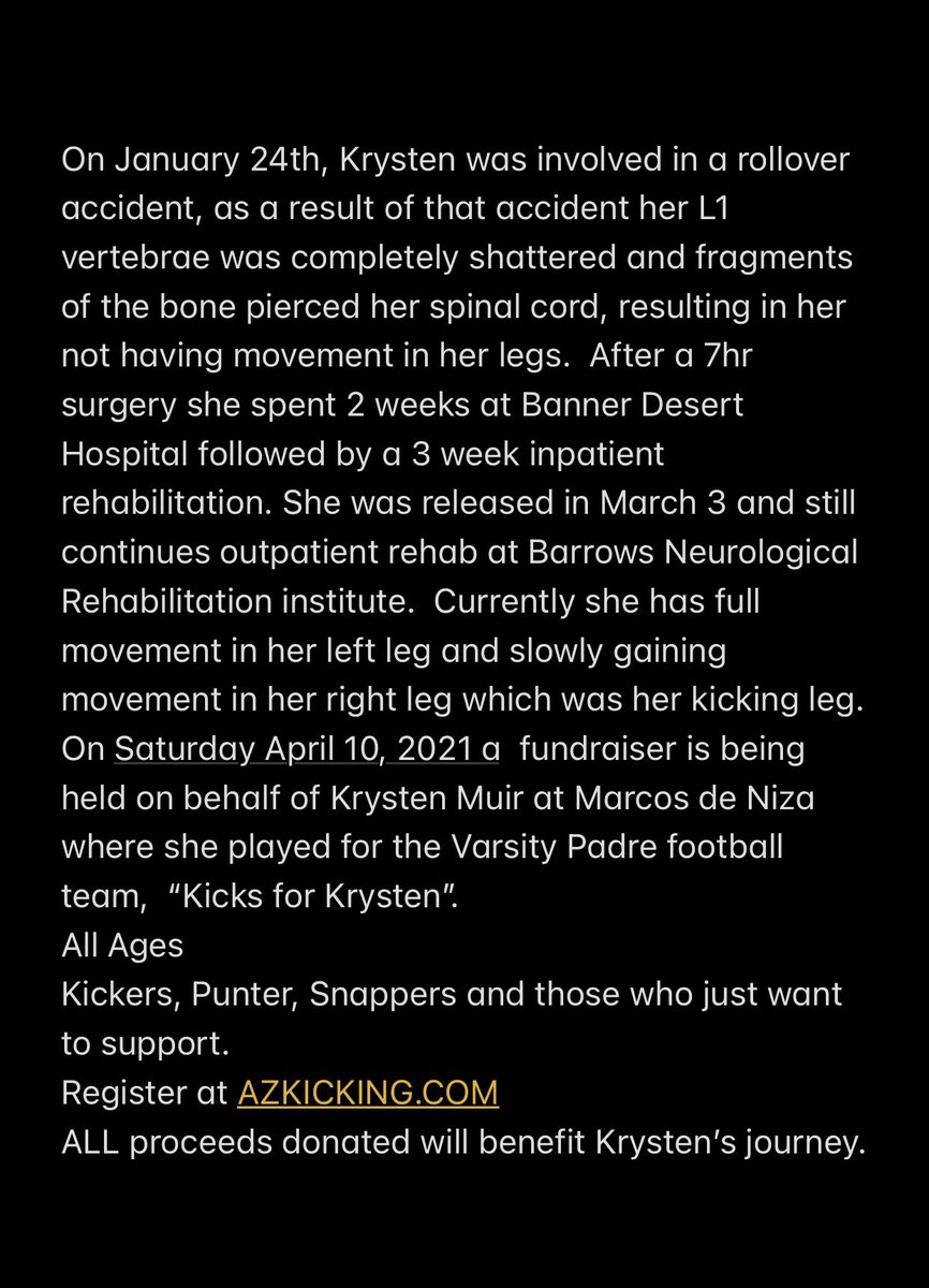 🏈KICKS FOR KRYSTEN🏈

Please join us for a special fundraiser put on by <a href="/AZKicking/">AlexZendejasKicking&Training</a> to support our very own <a href="/KrystenMuir/">Krysten_M</a> and her road to recovery!

📆 April 10, 2021
🕤 8:00am - 11:00am
📍Marcos de Niza HS

Register &amp; Donate: azkicking.com
#Kicks4Krysten #PadrePower