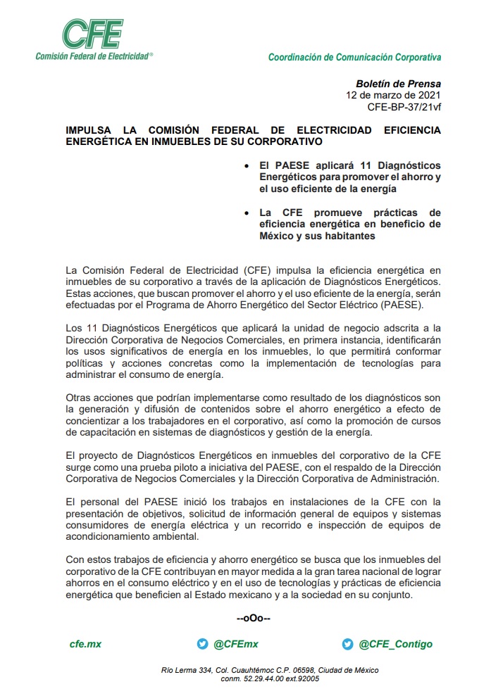 ManuelBartlett's tweet photo. La @CFEmx impulsa la eficiencia energética en inmuebles de su corporativo a través de la aplicación de Diagnósticos Energéticos, efectuadas por el Programa de Ahorro Energético del Sector Eléctrico (PAESE). https://t.co/lgKY27NDIu https://t.co/T4sK3LnmYl