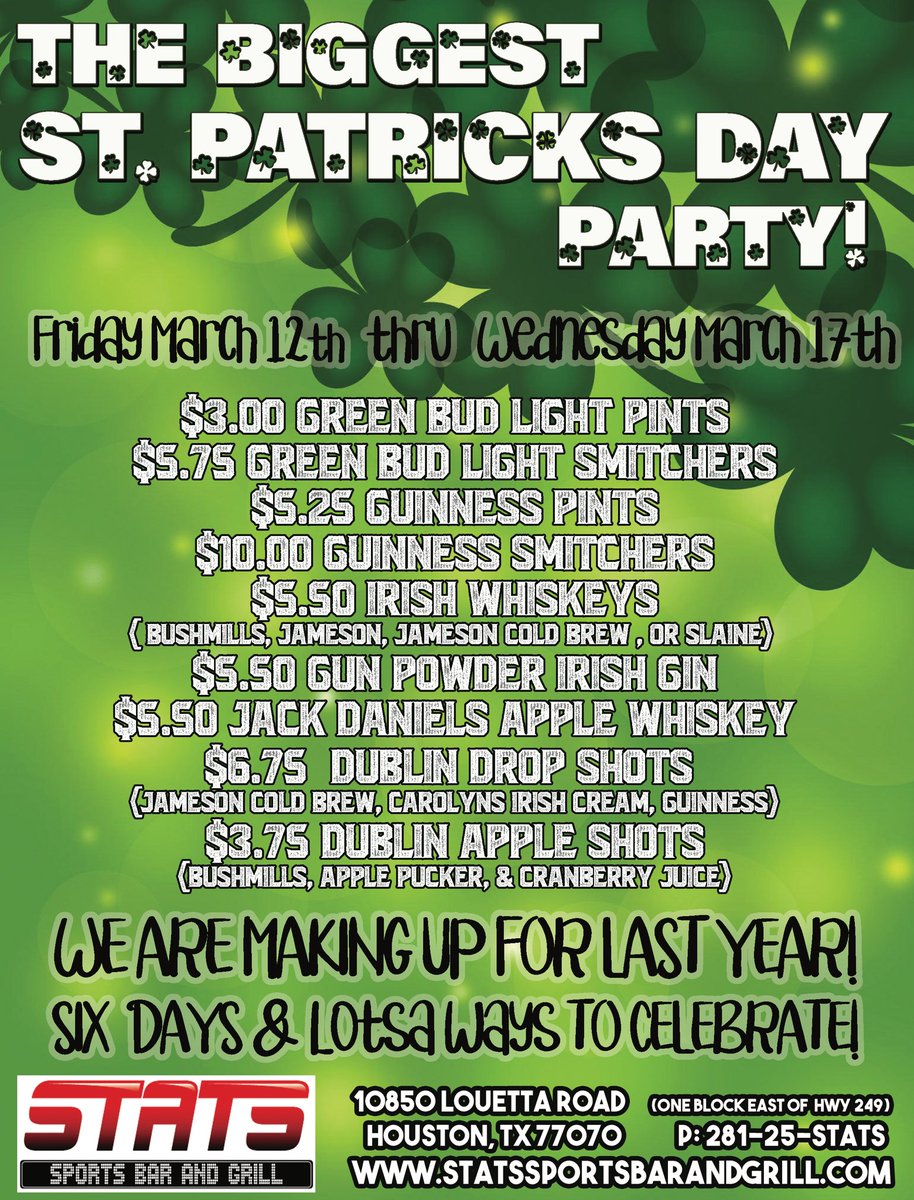 Stats Sports Bar (@statssportsbar) on Twitter photo We are kicking off our St. Patrick’s six day celebration today! We are making up for last year! Let’s party!!!! We are kicking off our St. Patrick’s six day celebration today! We are making up for last year! Let’s party!!!!