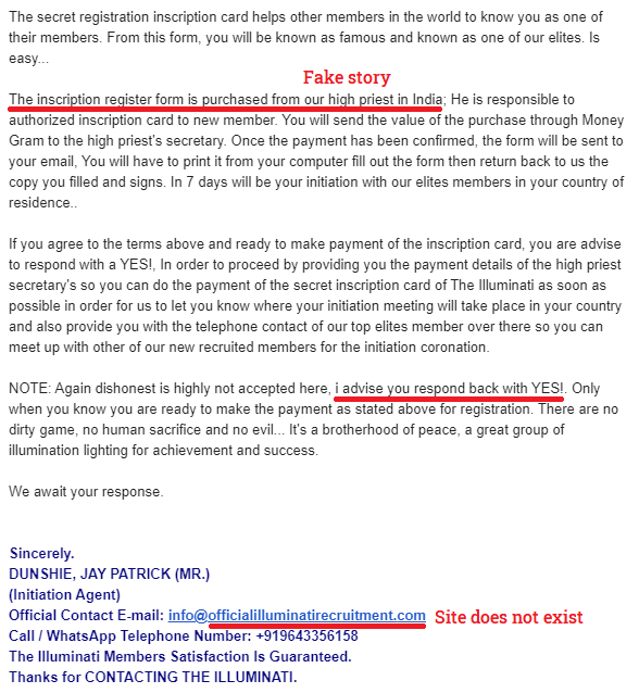 scamadviser's tweet photo. ** Illuminati Recruitment Scam - Part II **
In this follow-up to an earlier email, our hunch about a once-in-a-lifetime opportunity to join the secret Illuminati brotherhood being an Advance Fee scam seems to have been right.
#AdvanceFeeScam #IlluminatiScam #EmailScam https://t.co/H4HZNrNOTn