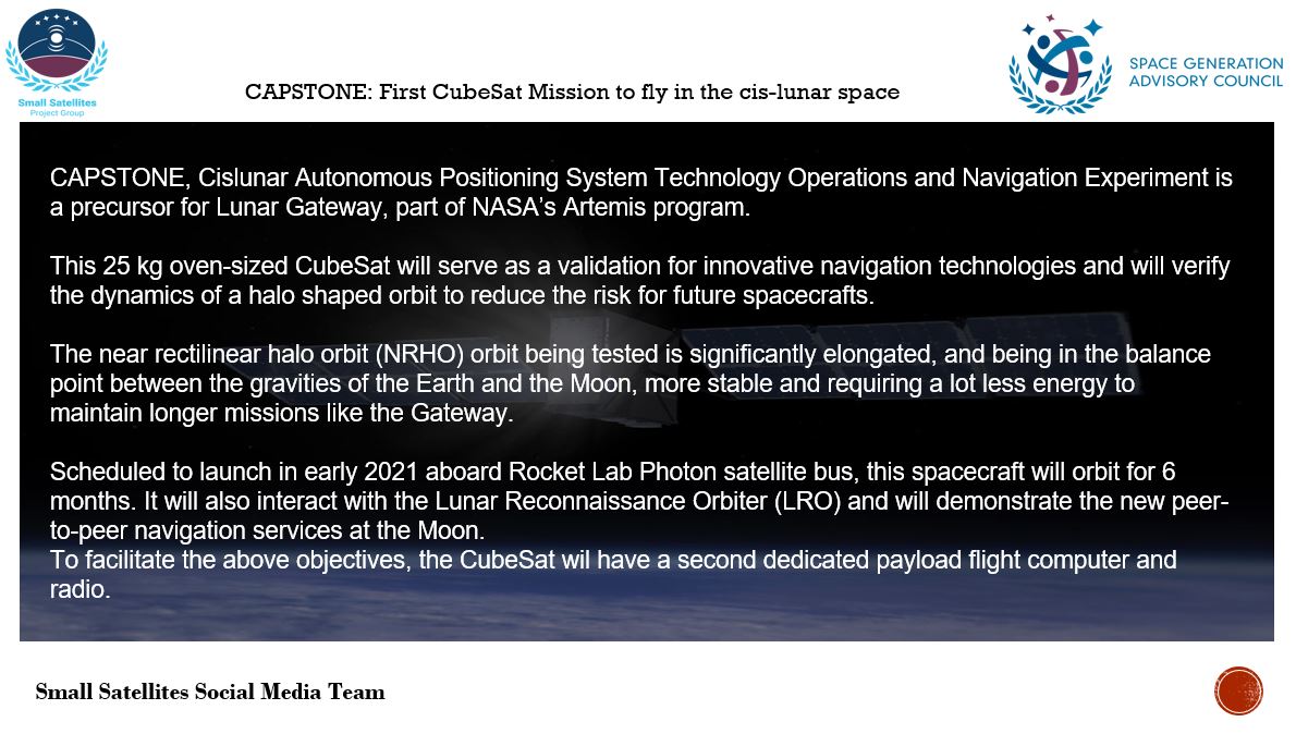 This week in  #trailblazingmissions series:
CAPSTONE: The first CubeSat to fly in cislunar space 
Head over to nasa.gov/.../spacetech/… to  know more about this exciting NASA project
Happy reading!!
#SGAC #SSPG #NASA #RocketLab #lunargateway 
#ArtemisProgram