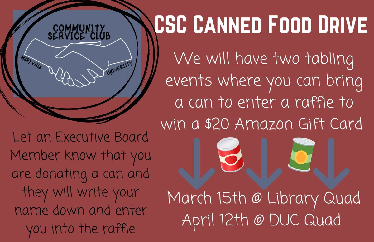 Check out these dates to bring in your can goods to be entered into a raffle!! Make sure to let and executive board member know that you are donating and they will write your name and email for the raffle.
