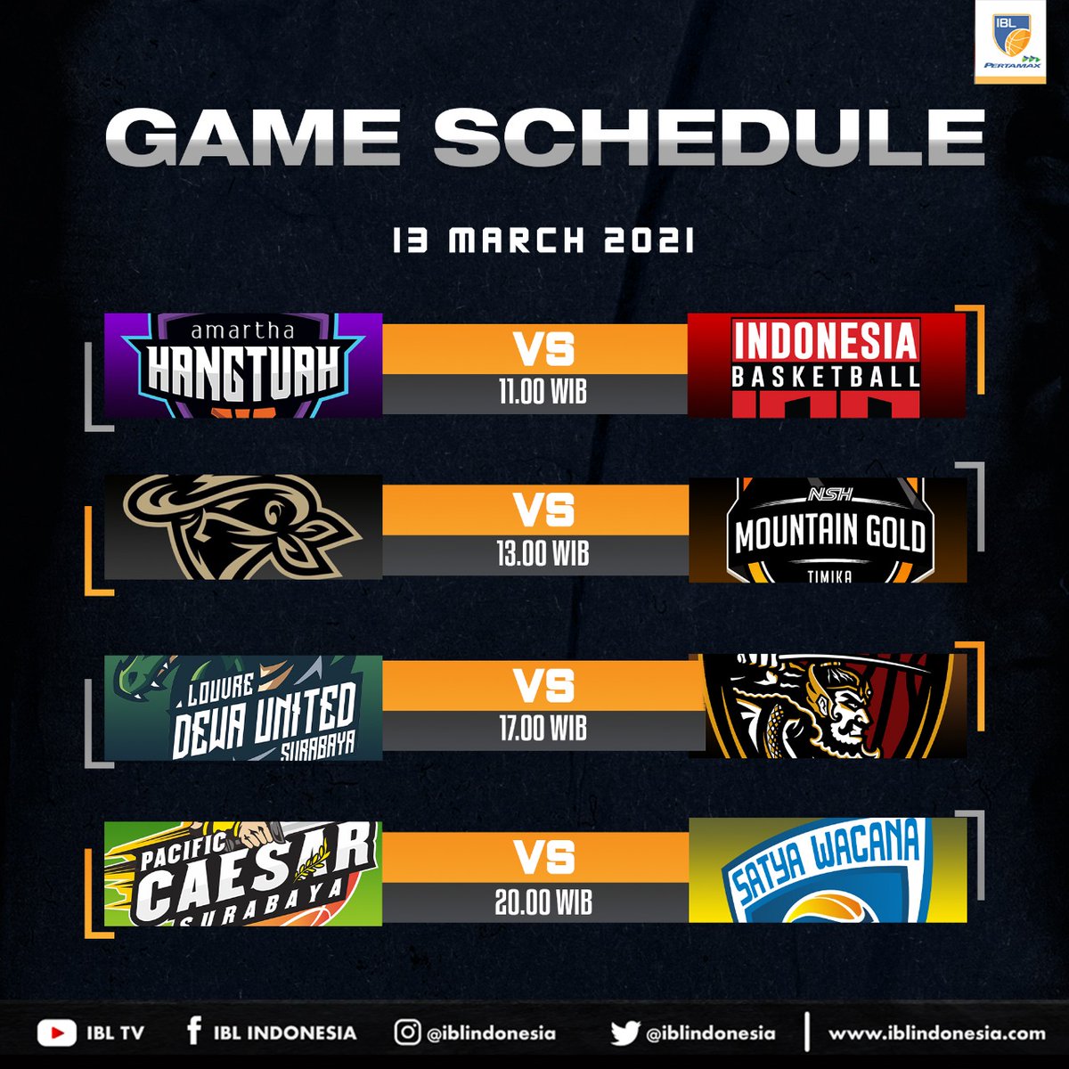 IBL Fans, ini dia jadwal pertandingan hari ke-4 fase 1 IBL Pertamax 2021!

Catat tanggalnya dan dukung tim jagoanmu dari rumah!

#IBLIndonesia #SalingJaga #UniteforGlory