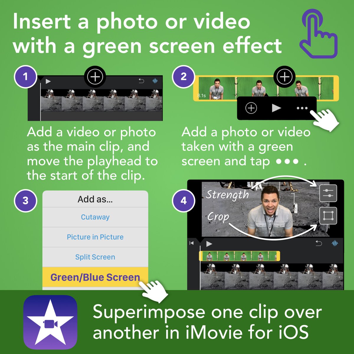 ✳️ iMovie for iPhone and iPad has does have a green screen option. It's kind of hidden, so I hope this graphic helps you find it. #AppleEDUchat #ClassyVideos