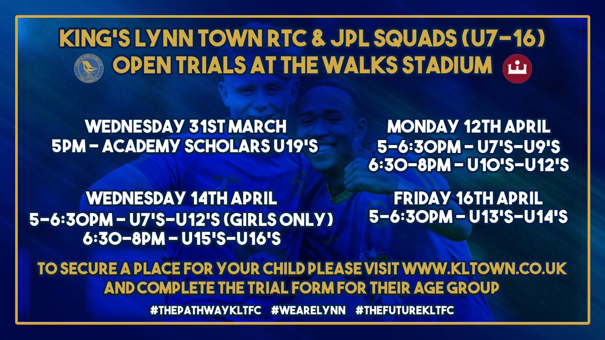 RTC &amp; JPL trials ⚽️

All trials will take place at our stadium (The Walks) 🏟️

If you wish to register your son/daughter for their age groups trial night, please click on the link below to secure a place: 

docs.google.com/forms/d/e/1FAI…

Dates and times are as follows ⬇️⬇️⬇️