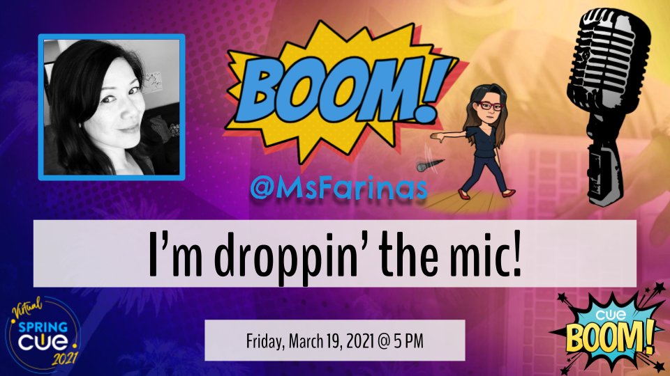 I'm droppin' the mic one week from now with these dope folx! #CUEBoom #SpringCUE 
@mechelenewell @RandallSampson @MarisaEThompson @GreenScreenGal @TechCoachSusan @ThatDopeTeacher @TrPatel20 @Hedreich @msosbornc @KVoge71 ty 
@mllevalsunshine @abbyinprogress