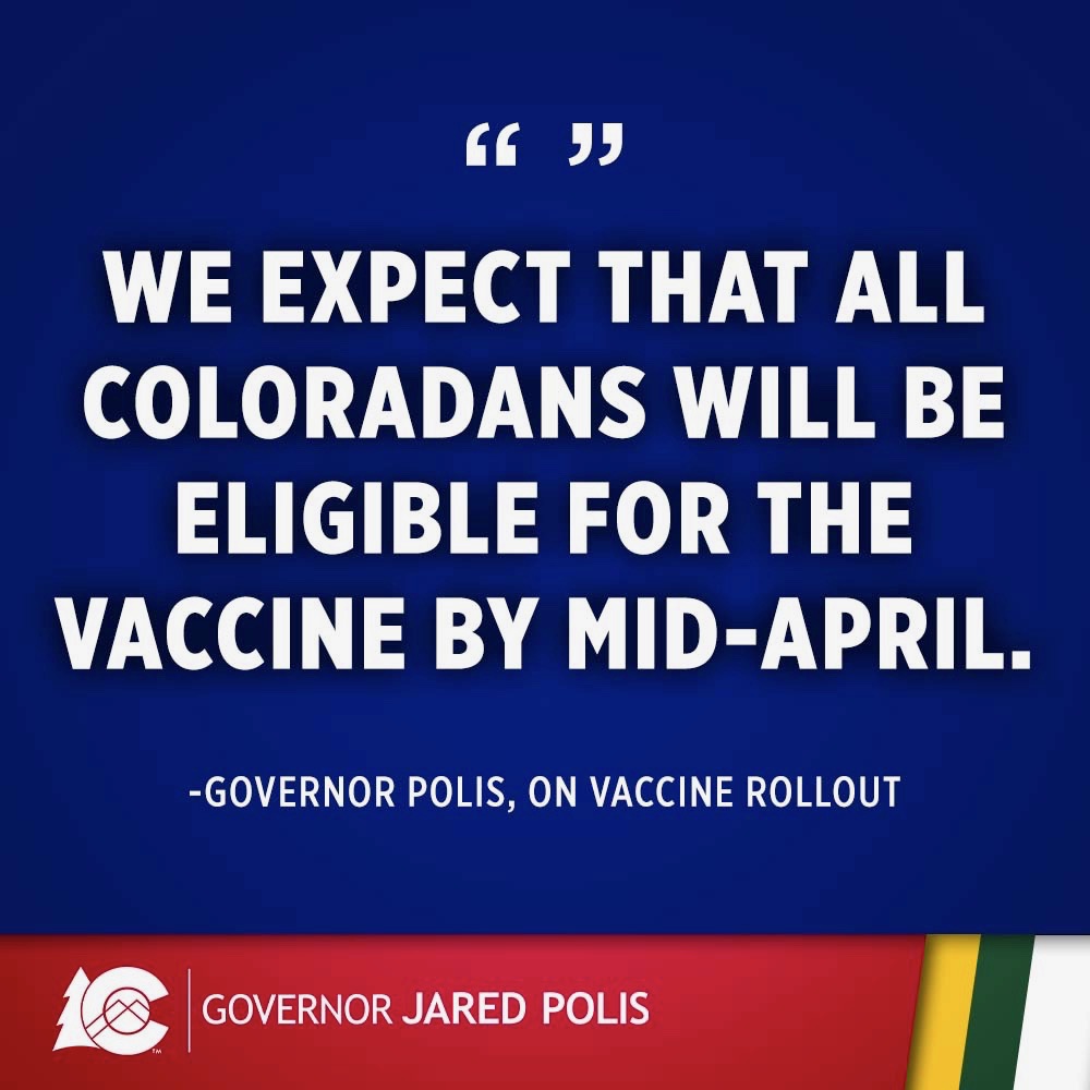 Based on current estimates from the federal government, we’re expecting that all Coloradans will be eligible to receive the COVID-19 vaccine by mid-April. We’ll have more details on supply in the next week or so.

📹 Today's Update: youtu.be/KqJ80jhUV6Y