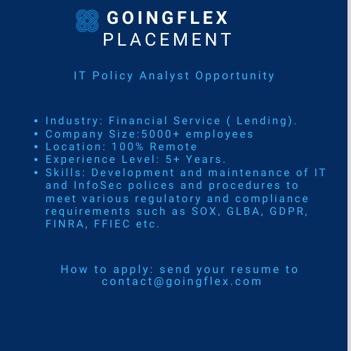 goingflex's tweet photo. GoingFlex is recruiting for a 100% remote IT Policy Analyst opportunity at a fast growing financial service company. Please share to those who might be interested!
#itgovernance #remotejobs #worklifebalance #flexiblework #referralbonus https://t.co/xAtee0fFzZ
