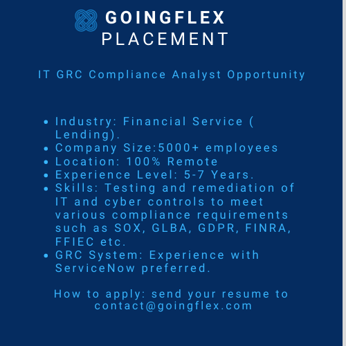 goingflex's tweet photo. GoingFlex is recruiting for a 100% remote IT GRC (Governance, Risk and Control) Compliance Analyst opportunity at a fast growing financial service company. Please share to those who might be interested!
#itcompliance #remotejobs #worklifebalance #flexiblework https://t.co/31gYNk5f6d