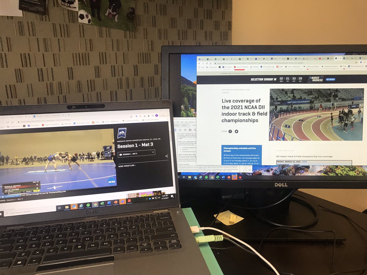 YoFinnell's tweet photo. Lots of yelling coming out of 212 today but all good things this time!! 

Thanks to @NCAADII live feed for allowing me to cheer on @lindenwoodtfxc &amp; @LUWrestling all afternoon!! Congrats on a great start today...can’t wait for them to finish the job tomorrow!! 🤼🏃🏾

#OneRoar 🦁 https://t.co/bg3122tLR8