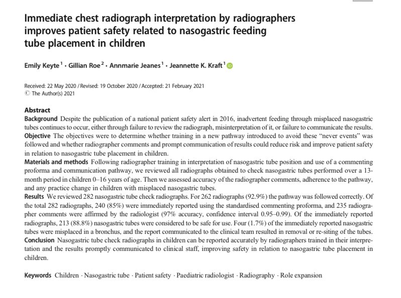 Immediate chest radiograph interpretation by radiographers improves patient safety related to nasogastric feeding tube placement in children. 
Great paper promoting a multidisciplinary approach to patient care.

link.springer.com/article/10.100…