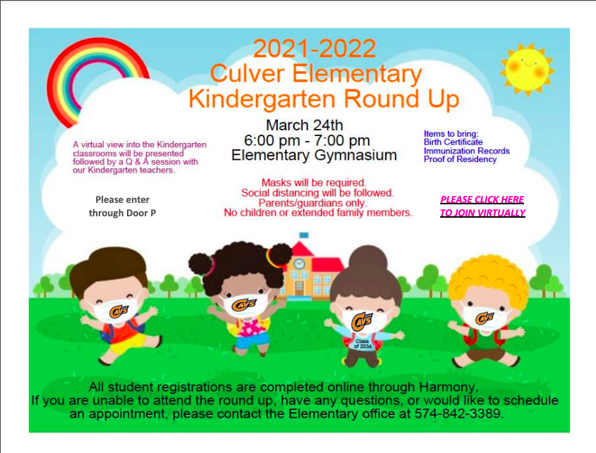 culverCES's tweet photo. If you would like to join in on Kindergarten Round Up virtually, please click on the following link -->. https://t.co/9ookJ6XW7n
on March 24th @ 6pm, or meet us in the Culver Elementary Gym. https://t.co/VkdpFEzLCv