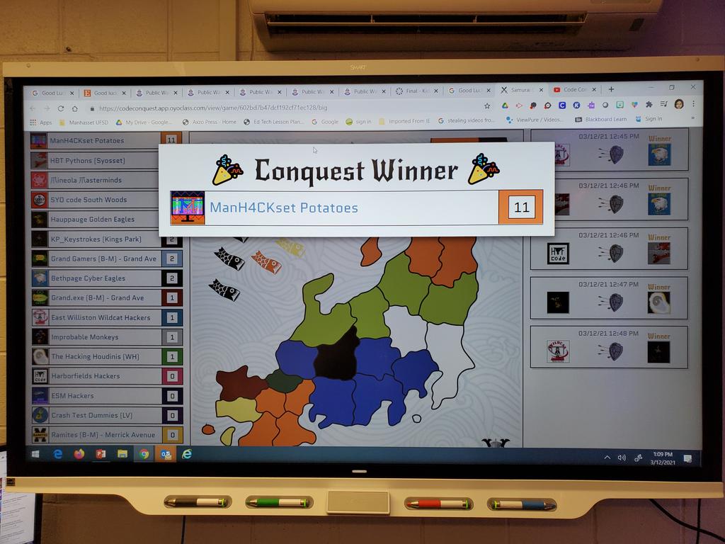 ManhassetSRTech's tweet image. Congrats ManHACKset on finally achieving your dream and winning 1st place in the Hackathon. Your Banner, Logo and Capitol defense project were amazing. Coach Costello, Mashburn, and I make a great team. @ManhassetTech @ManhassetUFSD @CodeMakeOwn @kid0Y0 @kid_OYO @codelongisland